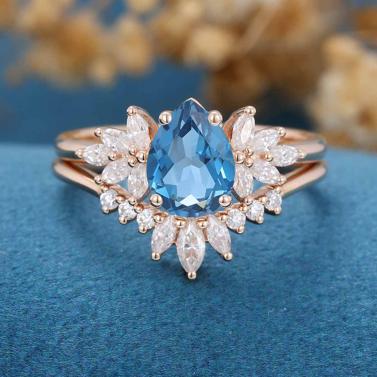 Pear cut London Blue Topaz Cluster Engagement ring Bridal Set - Image 6
