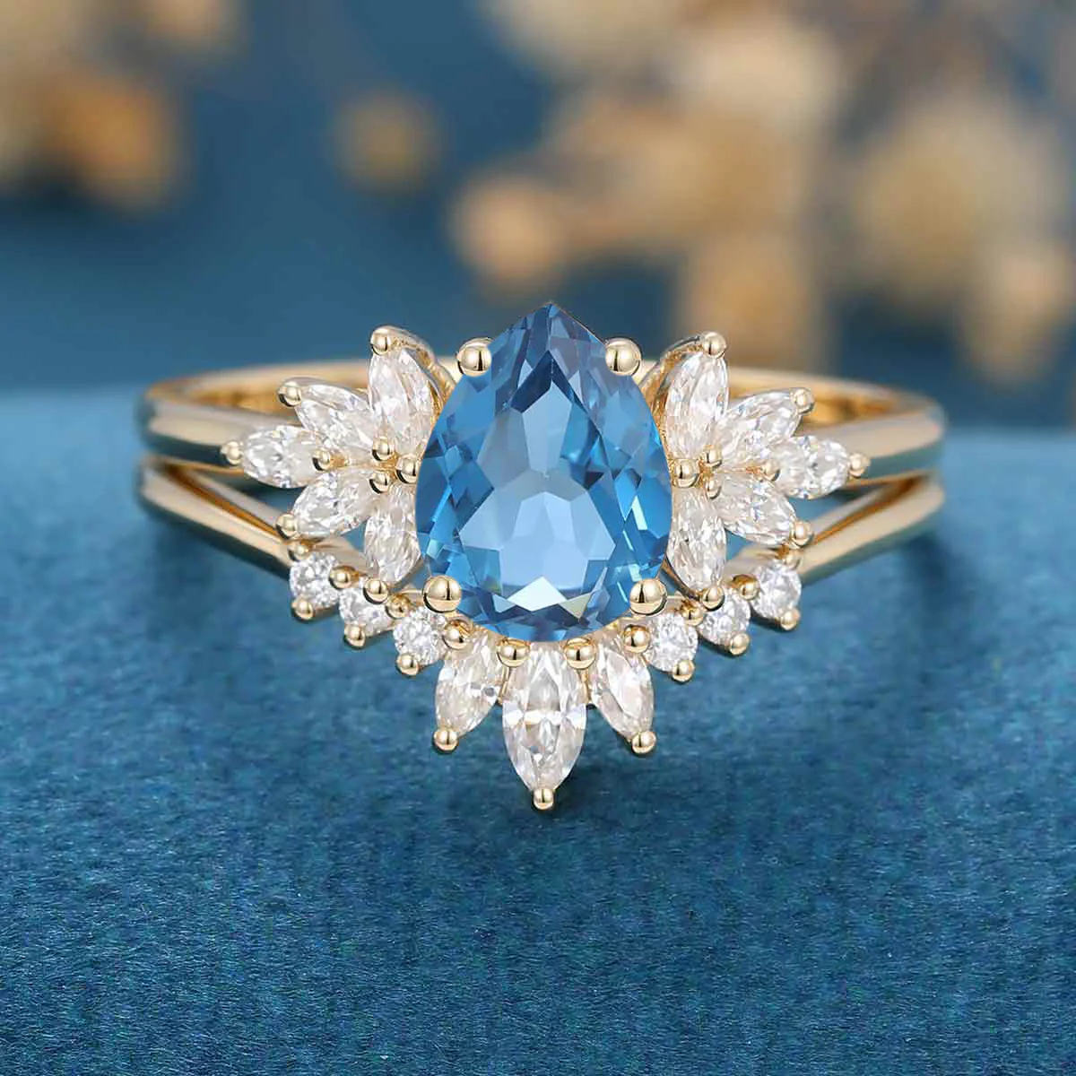 Pear cut London Blue Topaz Cluster Engagement ring Bridal Set - Image 7