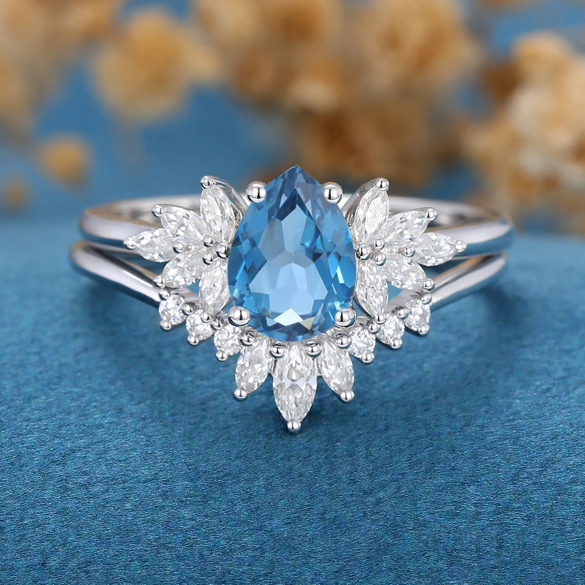 Pear cut London Blue Topaz Cluster Engagement ring Bridal Set - Image 8