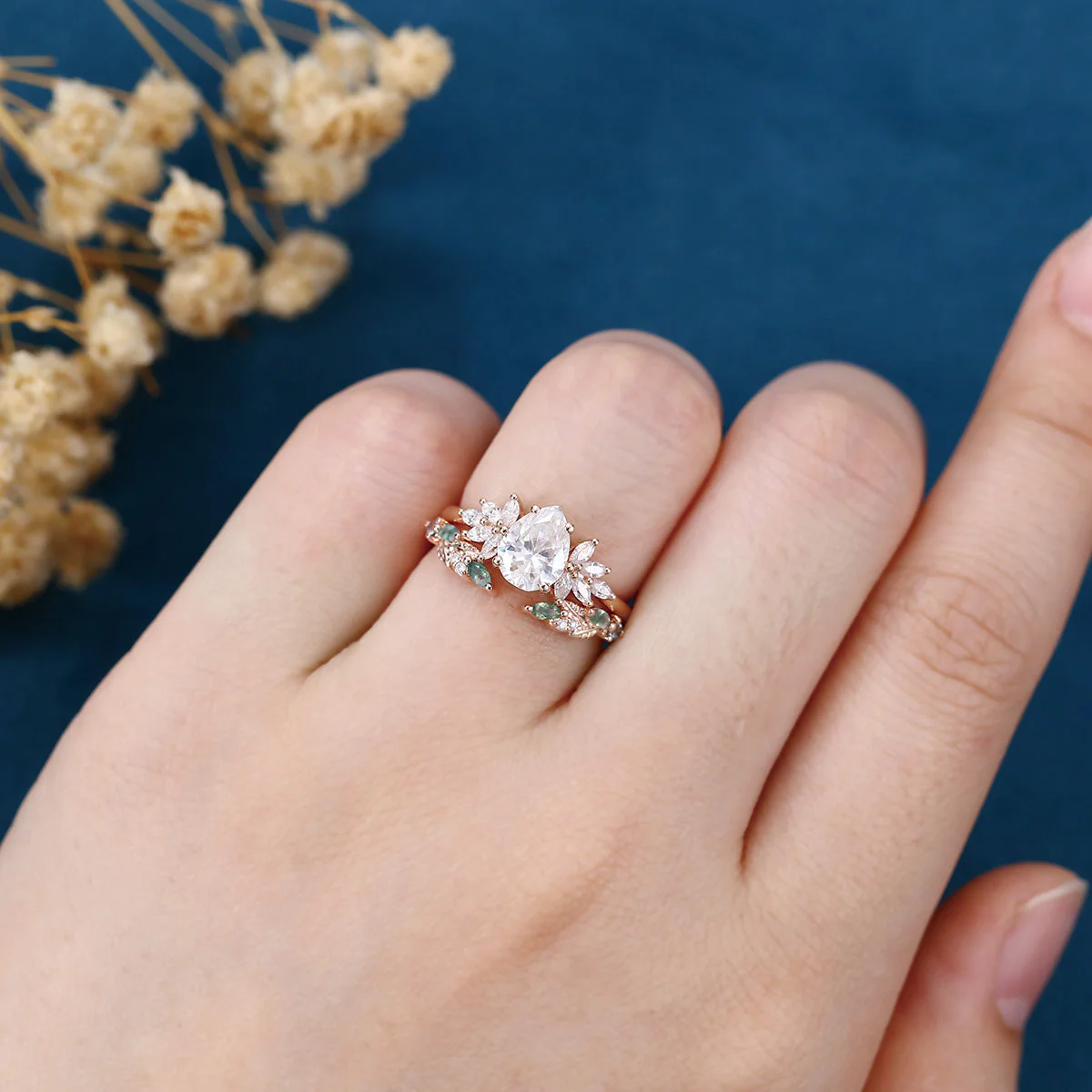 Pear cut Moissanite Engagement ring +Moss agate Wedding Bridal set - Image 2