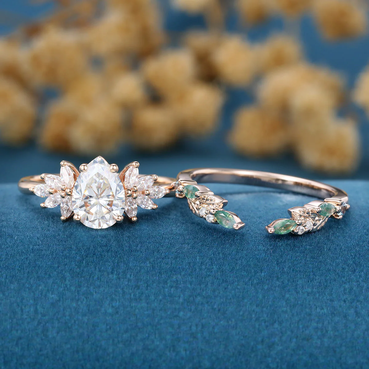 Pear cut Moissanite Engagement ring +Moss agate Wedding Bridal set - Image 3