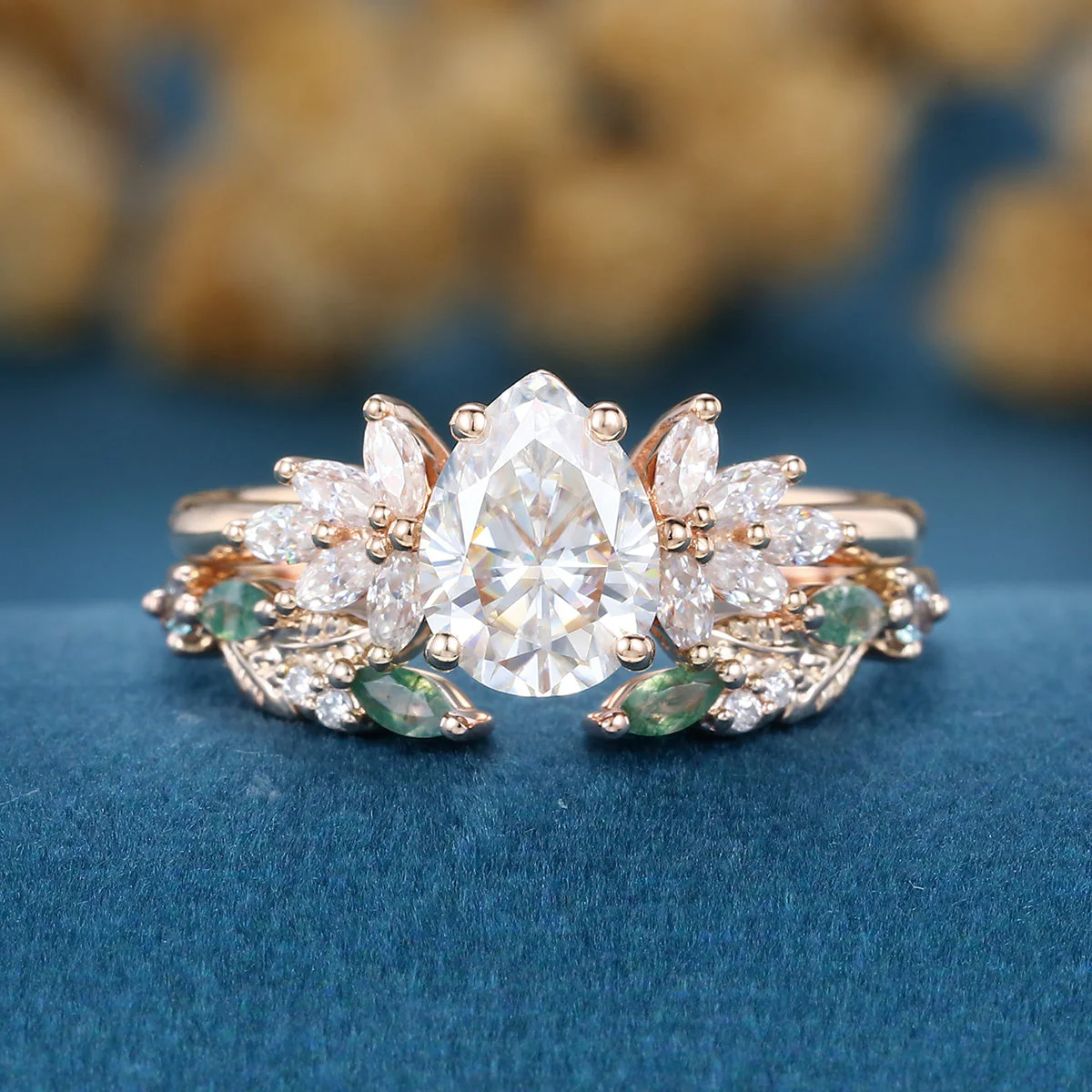 Pear cut Moissanite Engagement ring +Moss agate Wedding Bridal set - Image 4