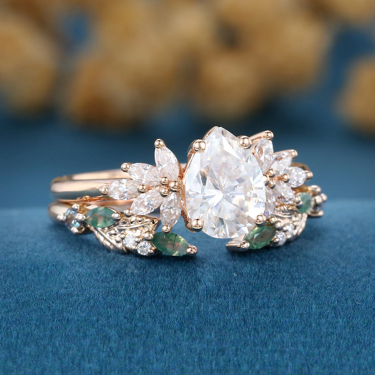 Pear cut Moissanite Engagement ring +Moss agate Wedding Bridal set - Image 5