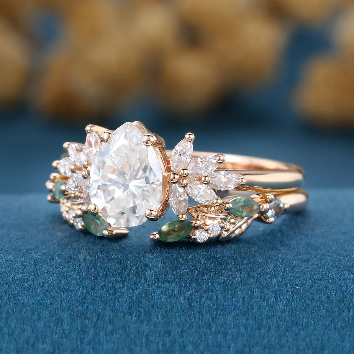 Pear cut Moissanite Engagement ring +Moss agate Wedding Bridal set - Image 6