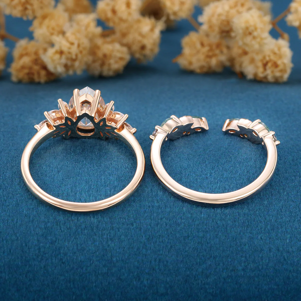 Pear cut Moissanite Engagement ring +Moss agate Wedding Bridal set - Image 7