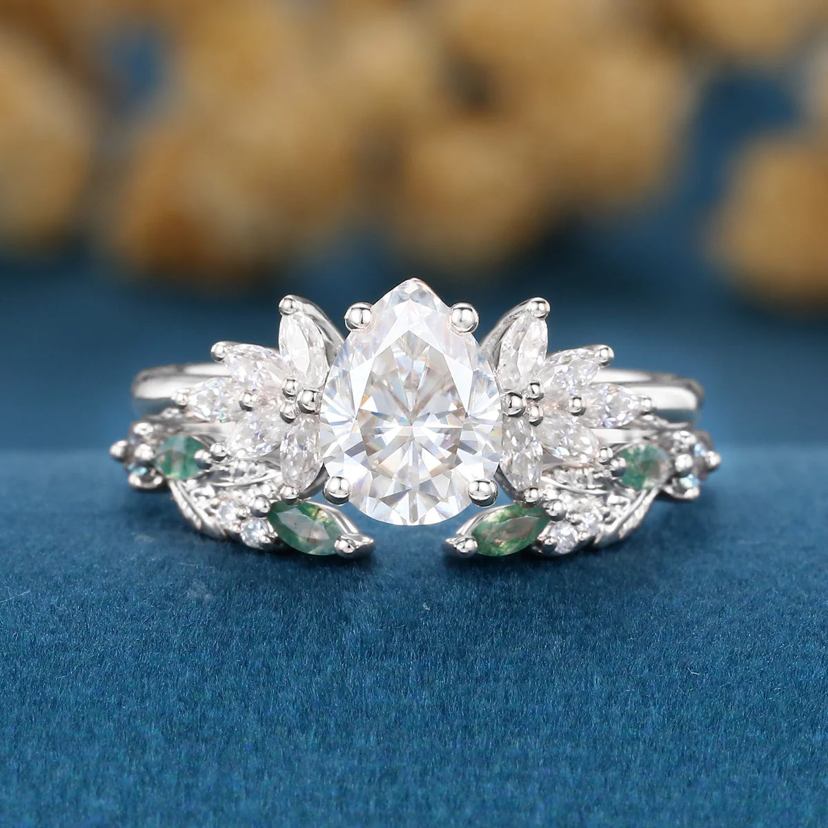 Pear cut Moissanite Engagement ring +Moss agate Wedding Bridal set - Image 8