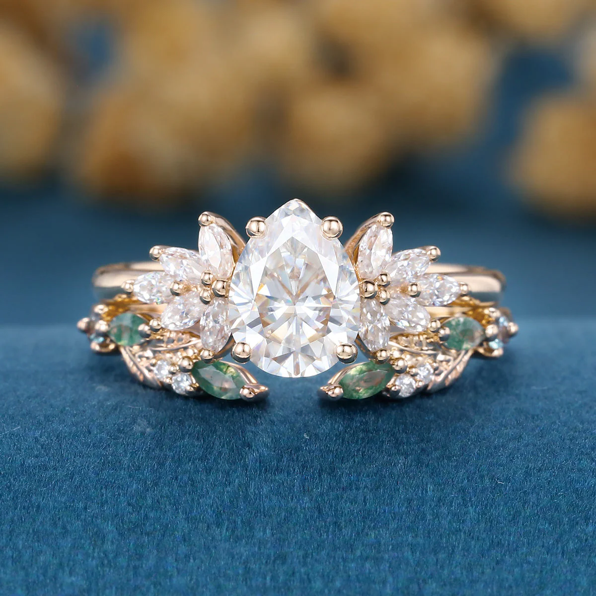Pear cut Moissanite Engagement ring +Moss agate Wedding Bridal set - Image 9