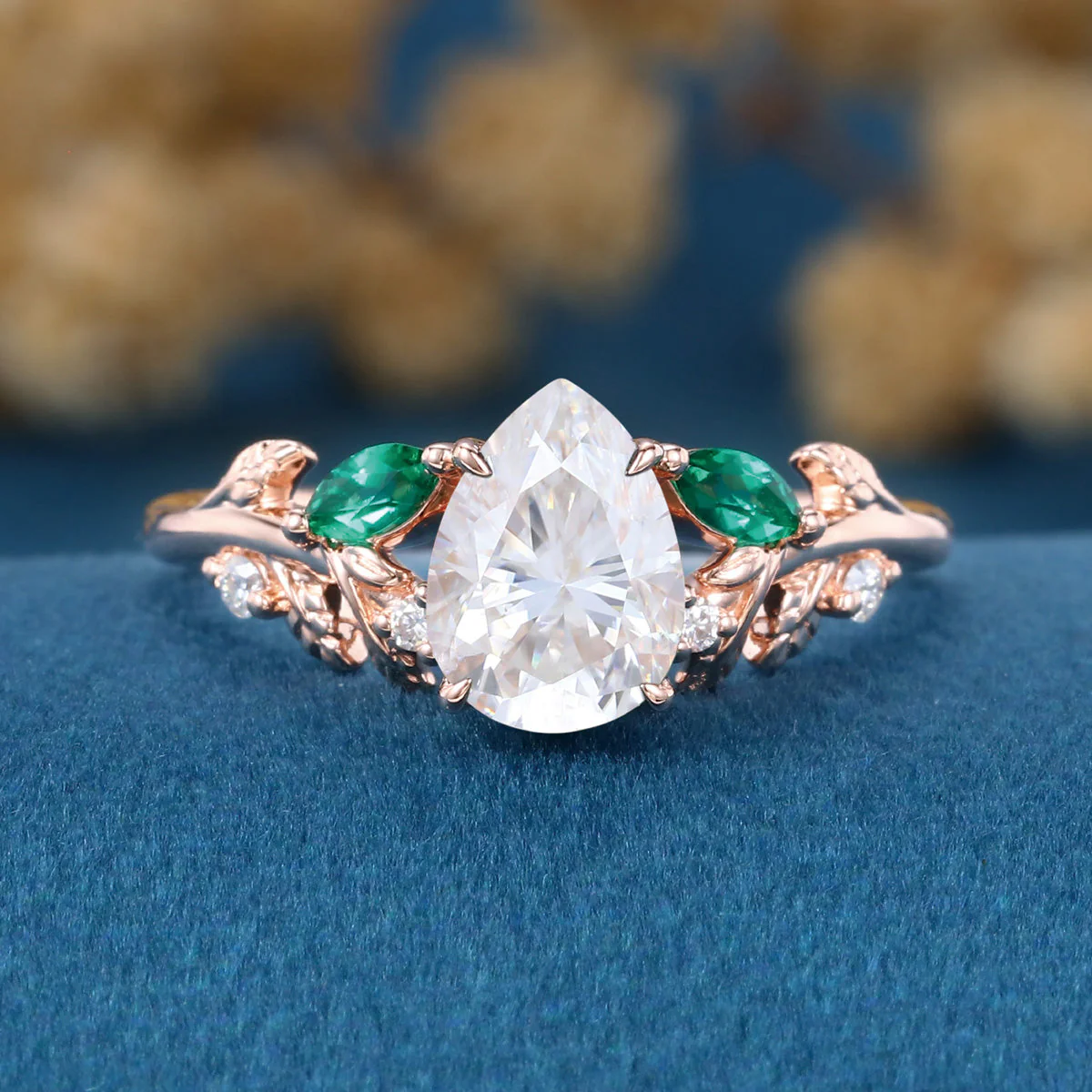 Pear cut Moissanite + Lab Emerald Engagement Ring - Image 5