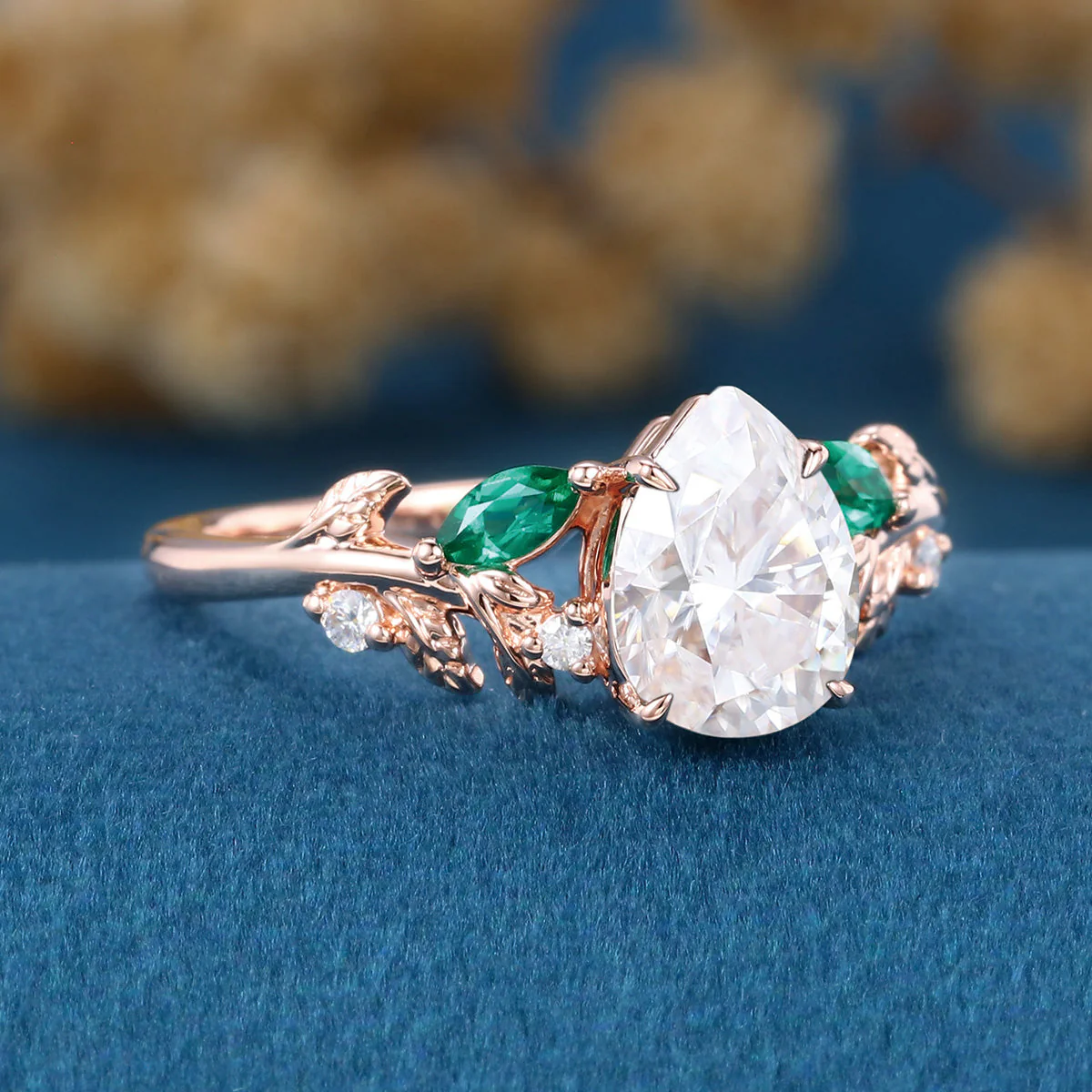Pear cut Moissanite + Lab Emerald Engagement Ring - Image 6