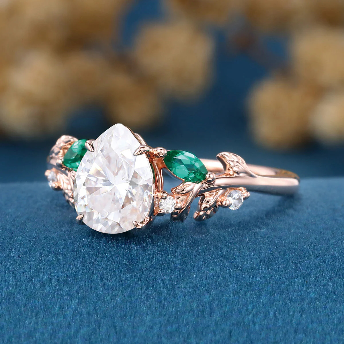 Pear cut Moissanite + Lab Emerald Engagement Ring - Image 7