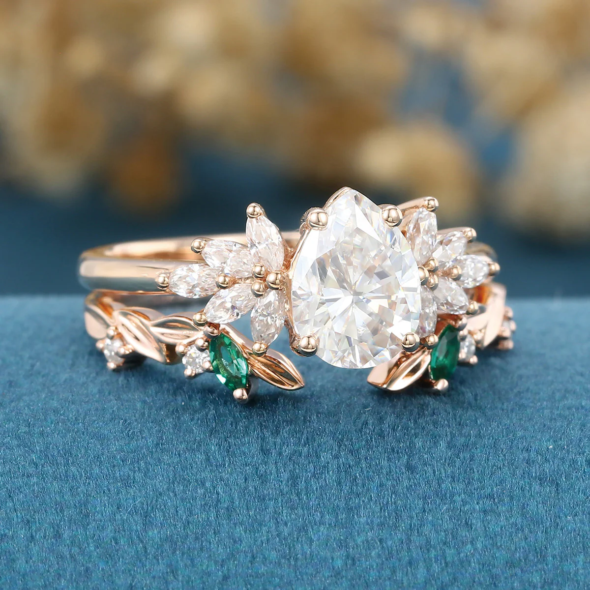 Pear cut Moissanite Matching Diamonds | Lab Grown Emerald Rose Gold Wedding Bridal Set - Image 5