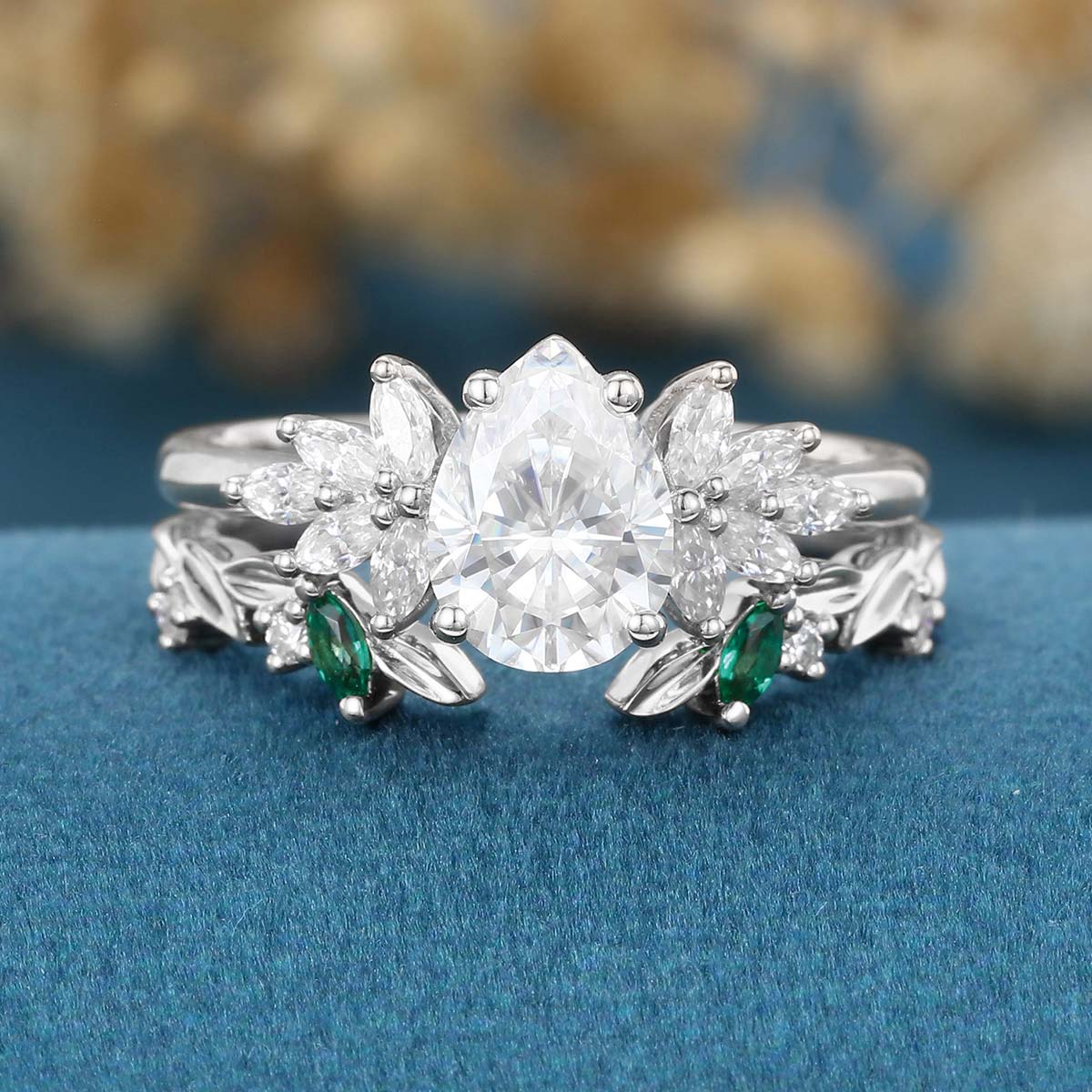 Pear cut Moissanite Matching Diamonds | Lab Grown Emerald Rose Gold Wedding Bridal Set - Image 8