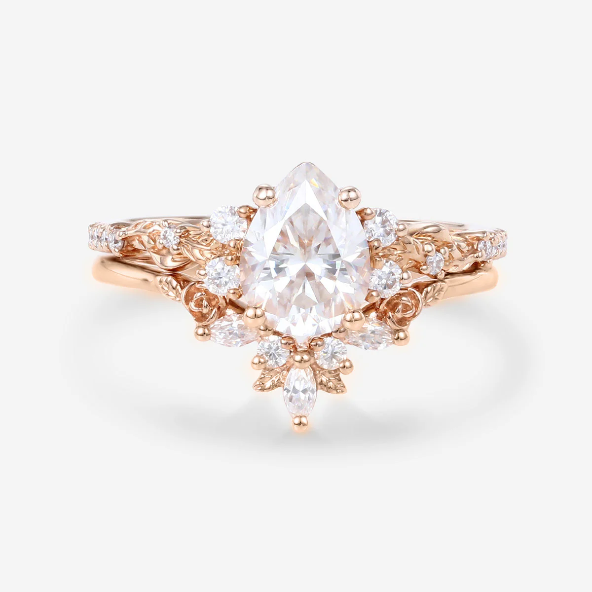 Pear Cut Moissanite Rose Gold Wedding Bridal Set