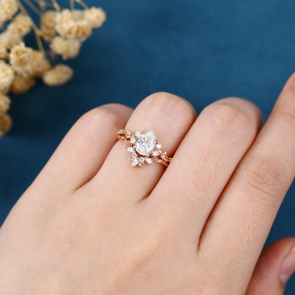 Pear Cut Moissanite Rose Gold Wedding Bridal Set - Image 2