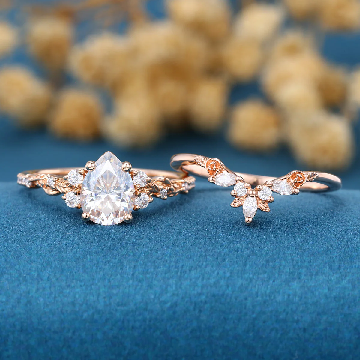 Pear Cut Moissanite Rose Gold Wedding Bridal Set - Image 3