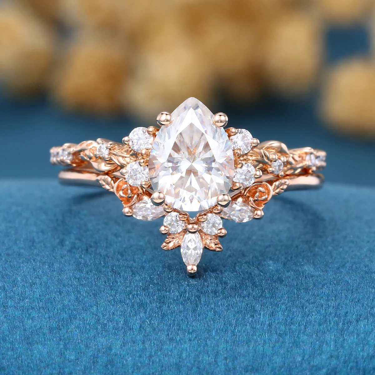 Pear Cut Moissanite Rose Gold Wedding Bridal Set - Image 4