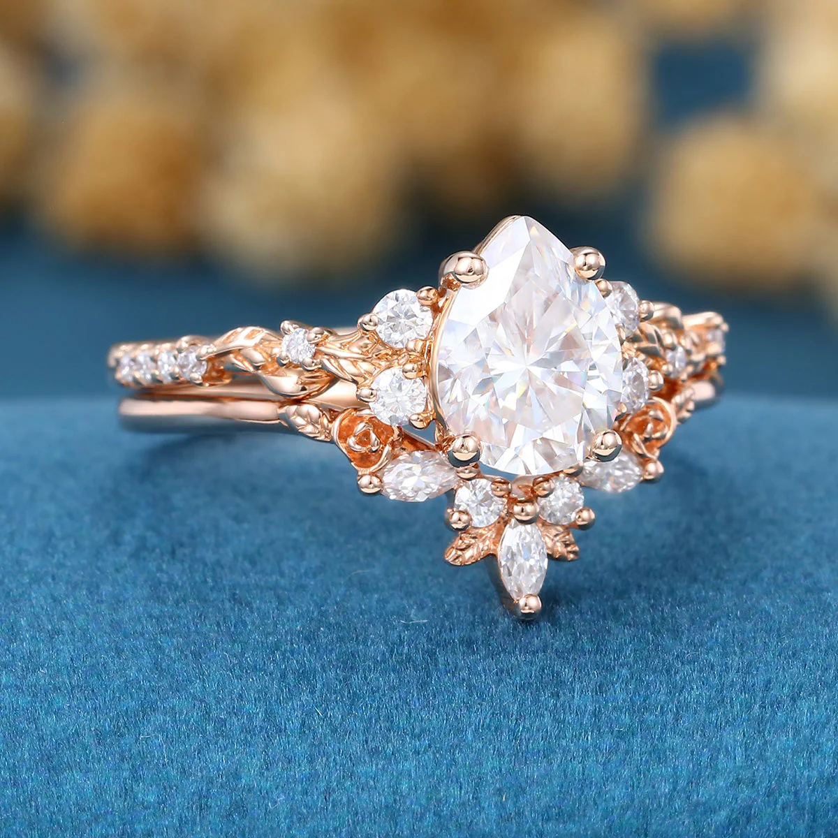 Pear Cut Moissanite Rose Gold Wedding Bridal Set - Image 5