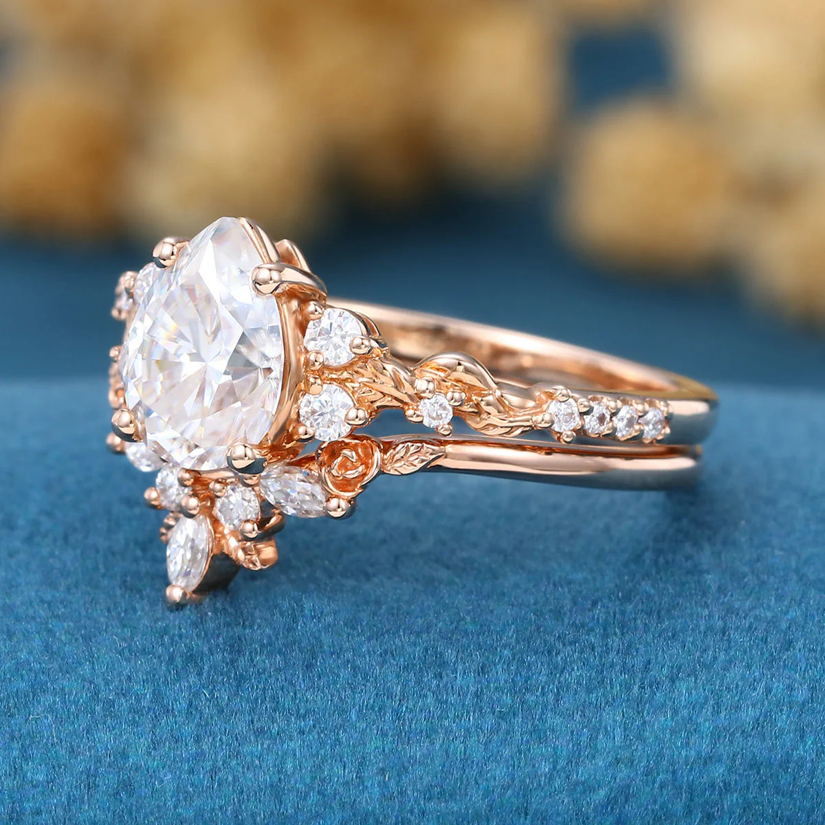 Pear Cut Moissanite Rose Gold Wedding Bridal Set - Image 6