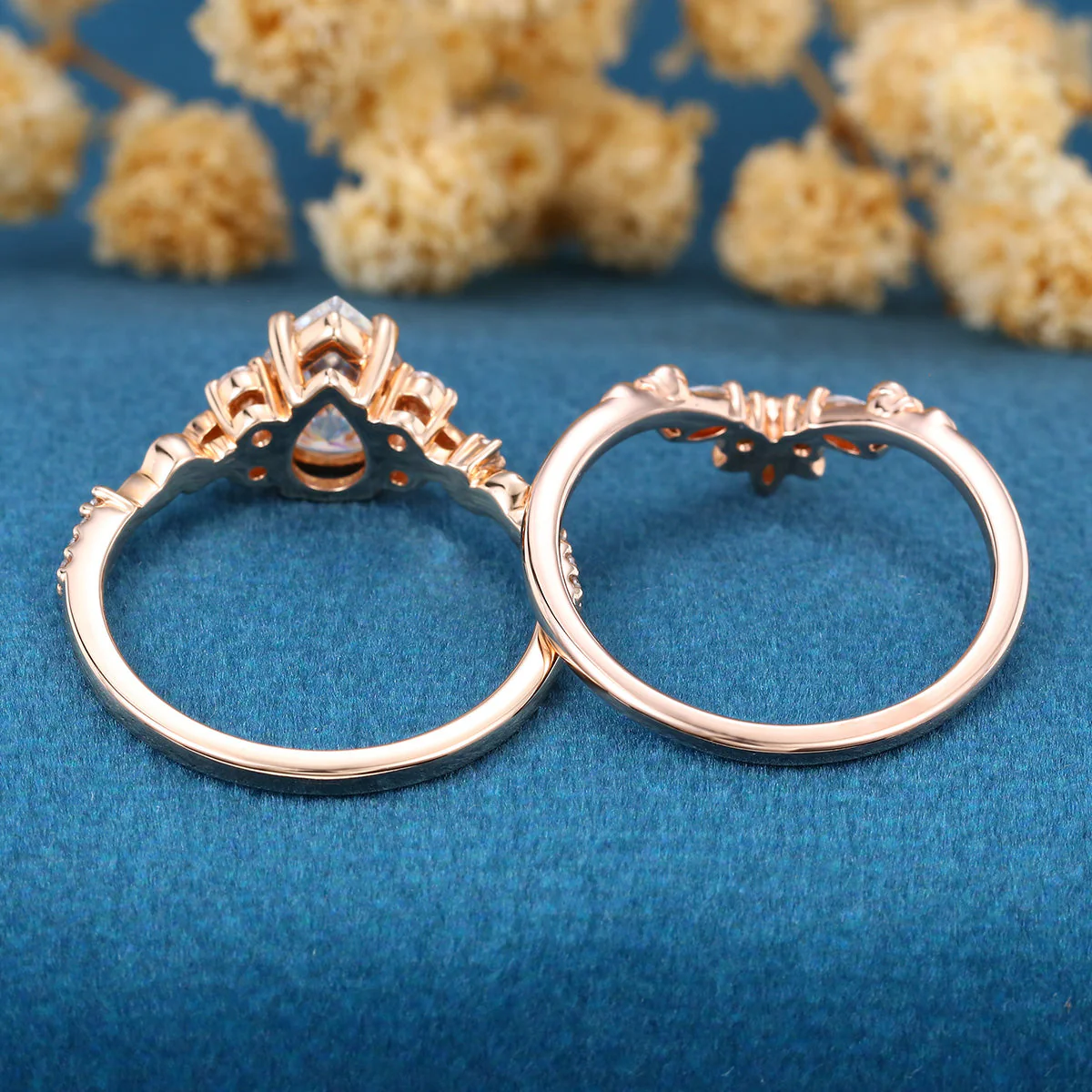Pear Cut Moissanite Rose Gold Wedding Bridal Set - Image 7
