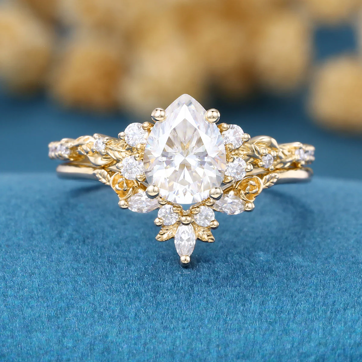 Pear Cut Moissanite Rose Gold Wedding Bridal Set - Image 8