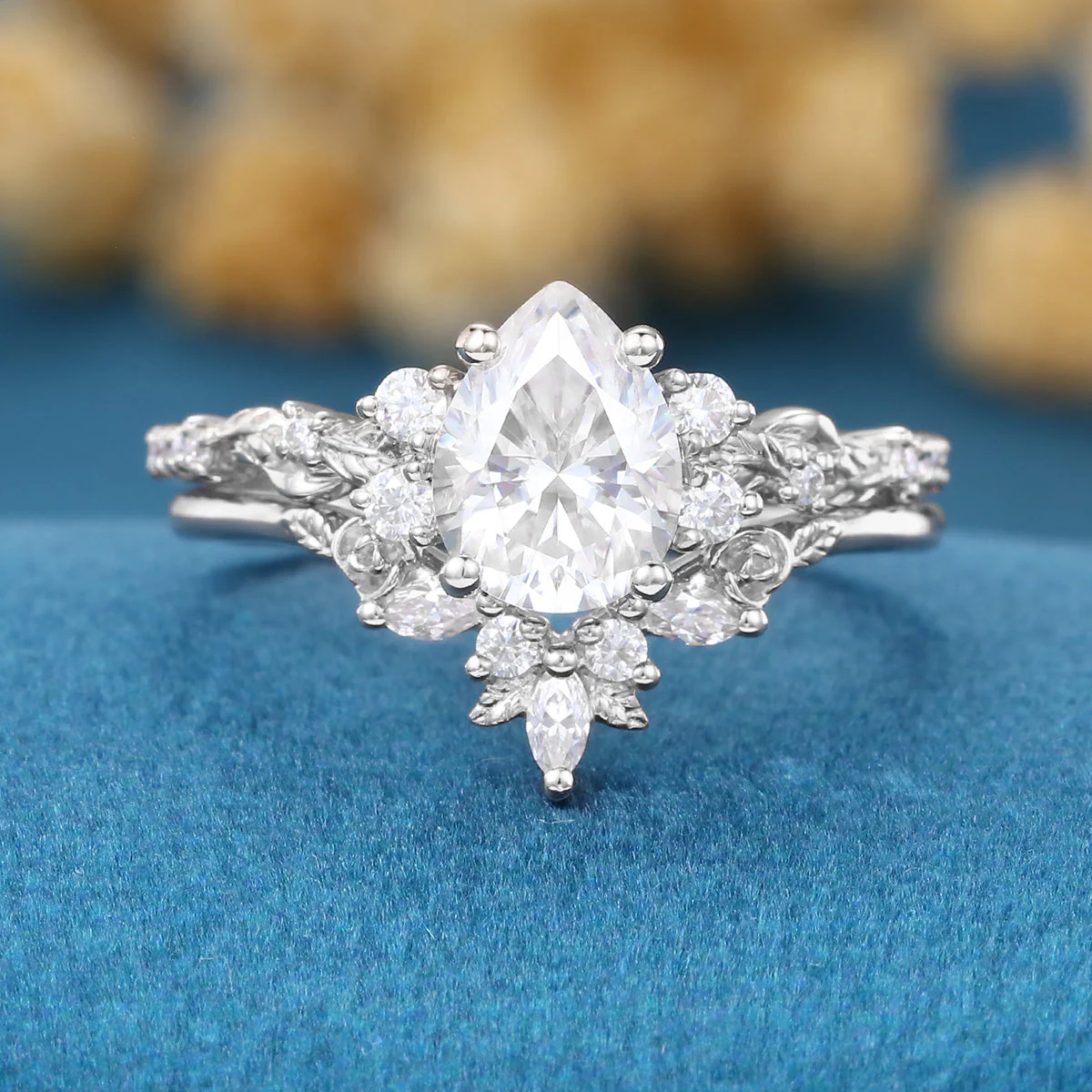 Pear Cut Moissanite Rose Gold Wedding Bridal Set - Image 9