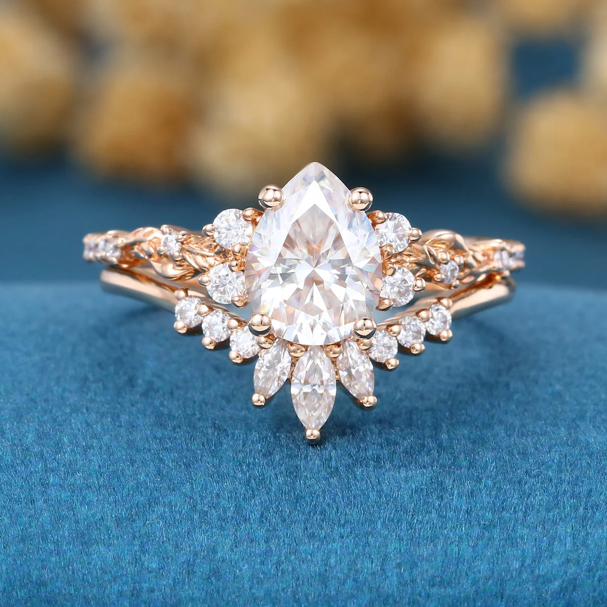 Pear Cut Moissanite Rose Gold Wedding Bridal Set - Image 10