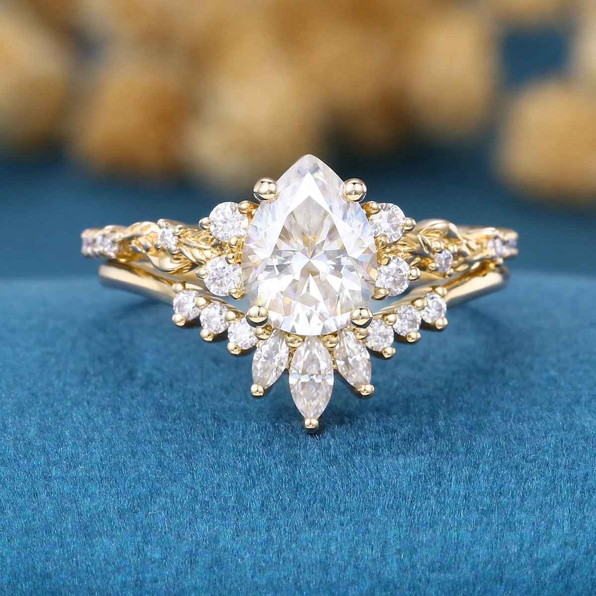 Pear Cut Moissanite Rose Gold Wedding Bridal Set - Image 12