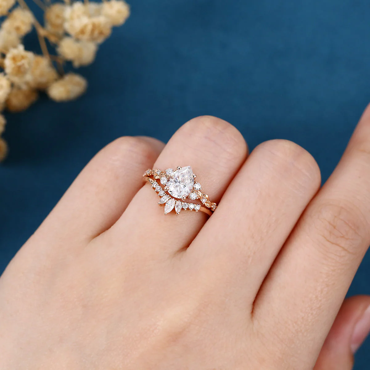 Pear Cut Moissanite Rose Gold Wedding Bridal Set - Image 2
