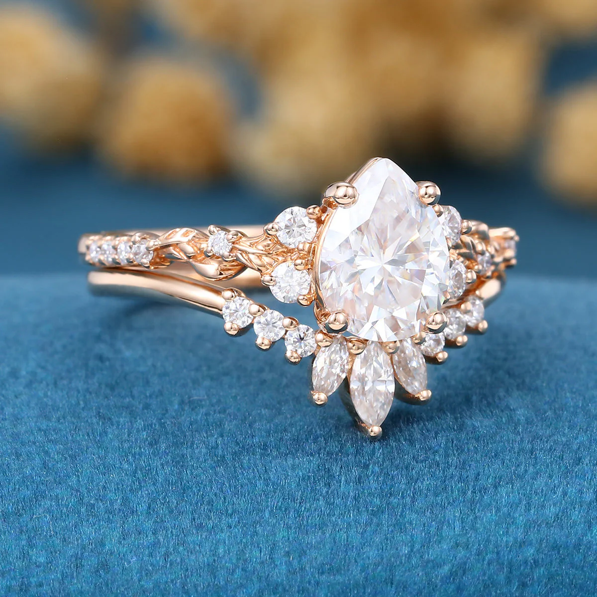 Pear Cut Moissanite Rose Gold Wedding Bridal Set - Image 6