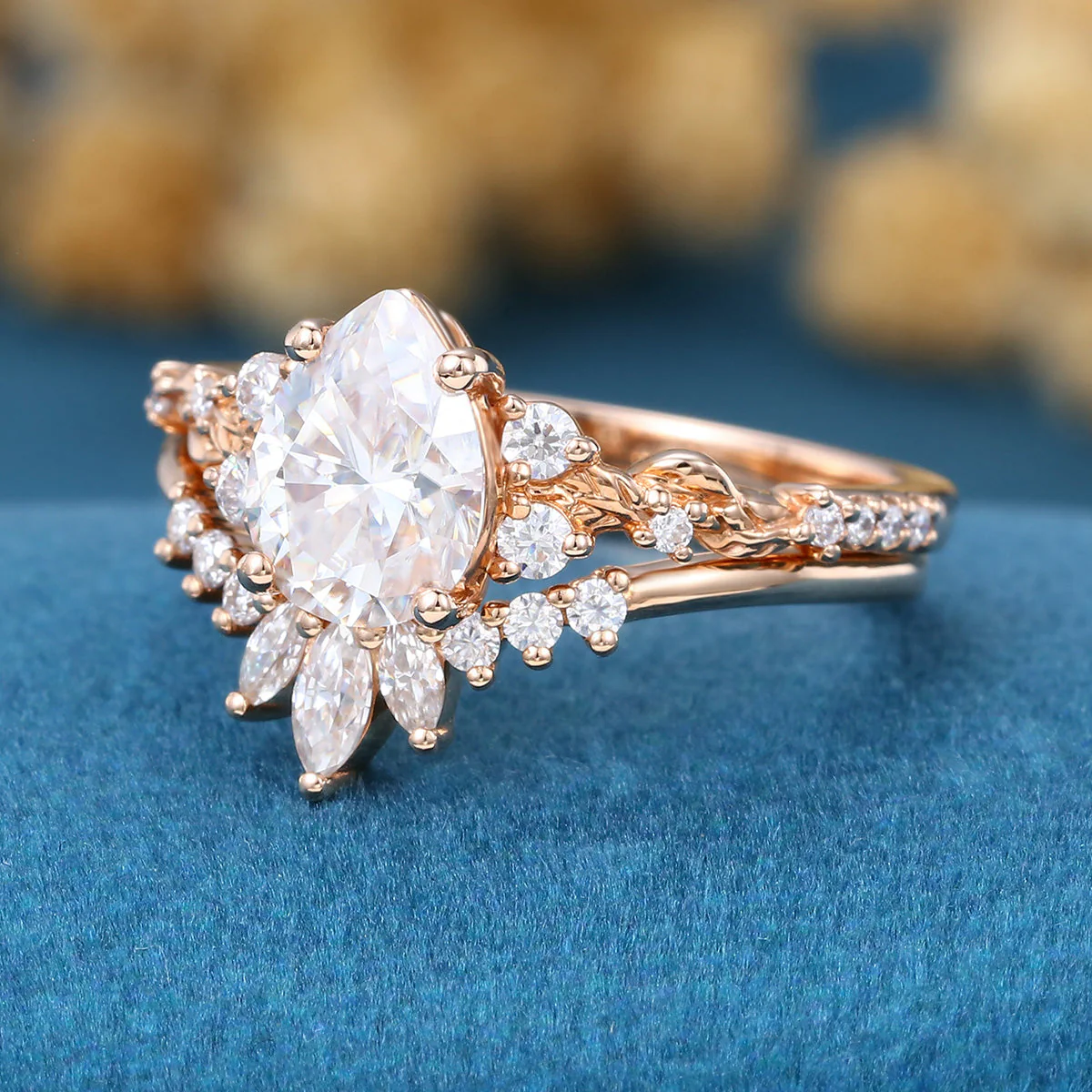 Pear Cut Moissanite Rose Gold Wedding Bridal Set - Image 7