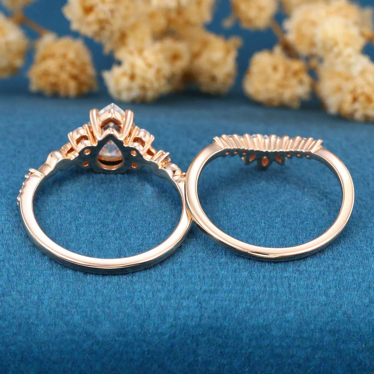 Pear Cut Moissanite Rose Gold Wedding Bridal Set - Image 8