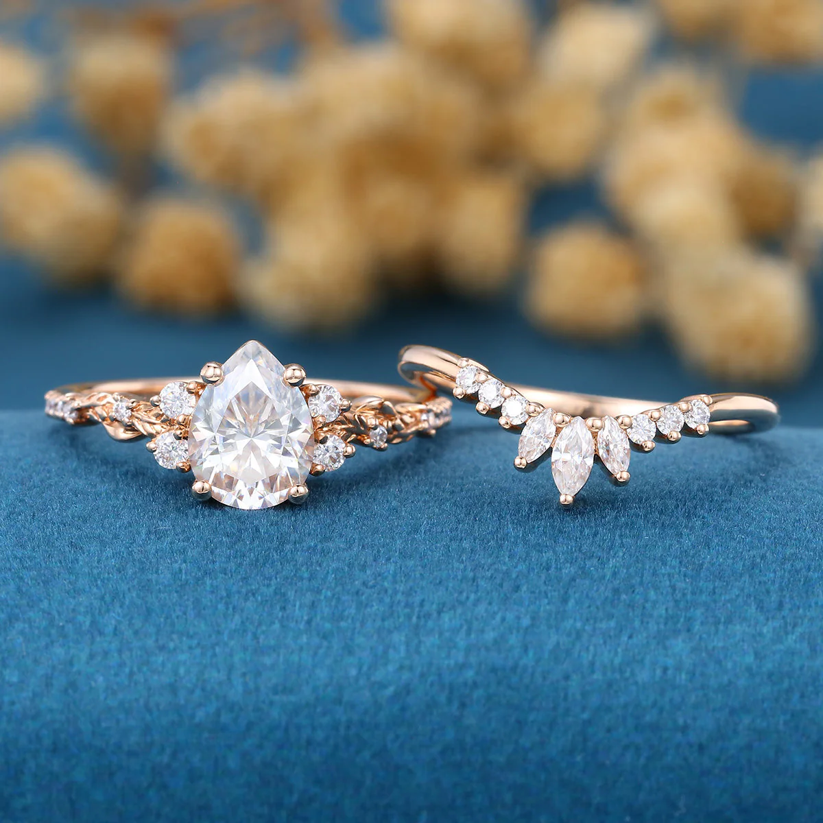 Pear Cut Moissanite Rose Gold Wedding Bridal Set - Image 9