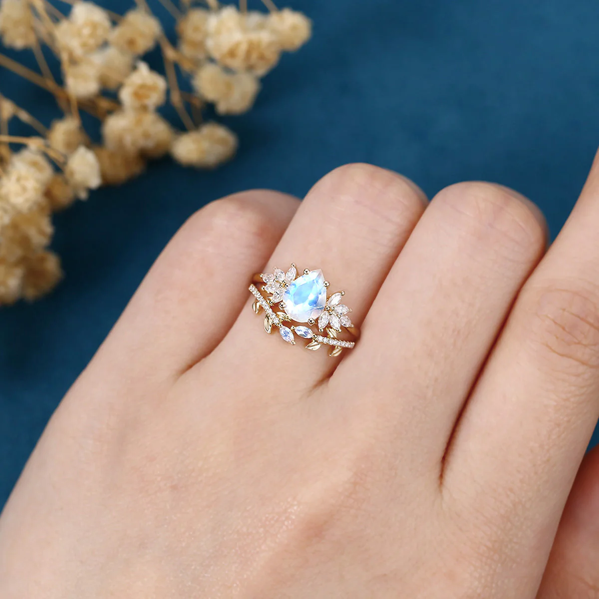 Pear cut Moonstone | Moissanite Cluster Wedding Bridal Set - Image 2