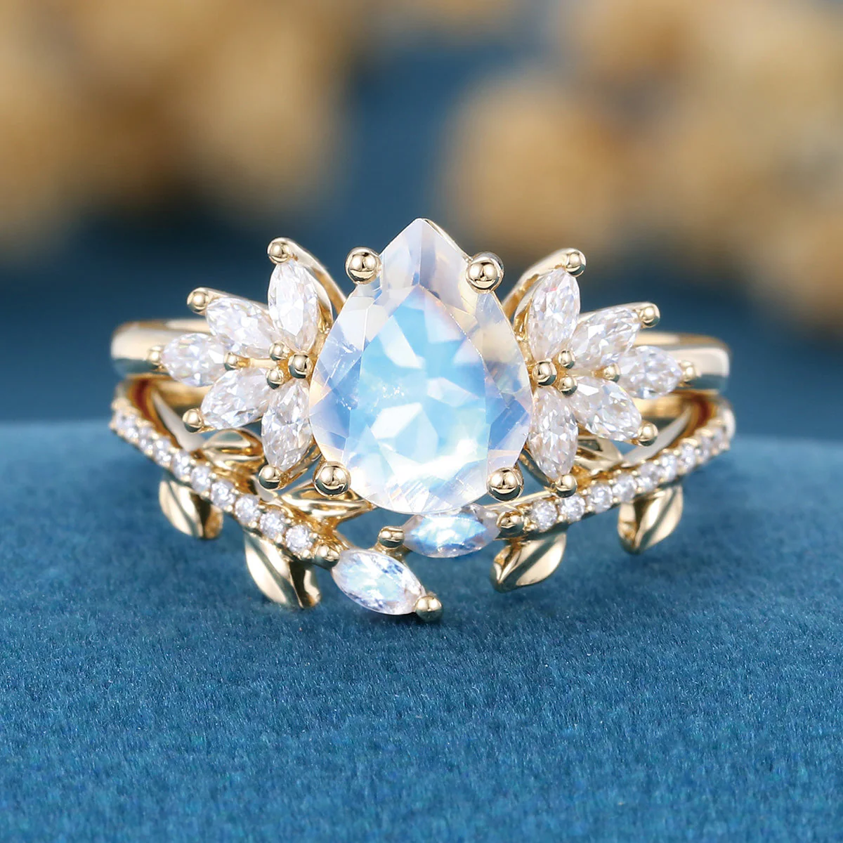Pear cut Moonstone | Moissanite Cluster Wedding Bridal Set - Image 3