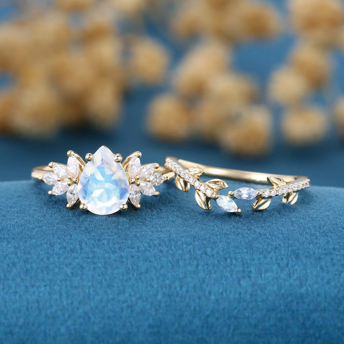 Pear cut Moonstone | Moissanite Cluster Wedding Bridal Set - Image 4