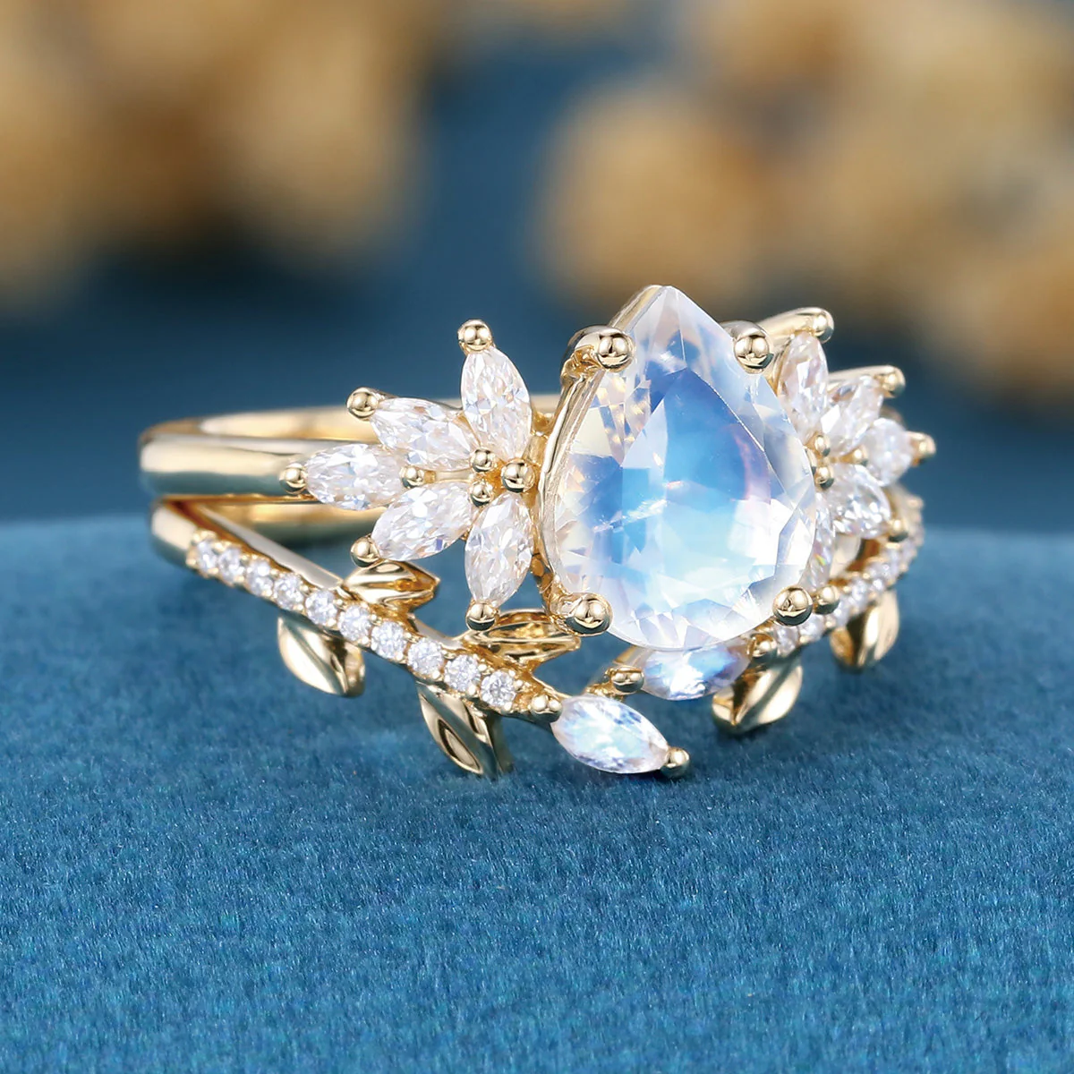 Pear cut Moonstone | Moissanite Cluster Wedding Bridal Set - Image 5