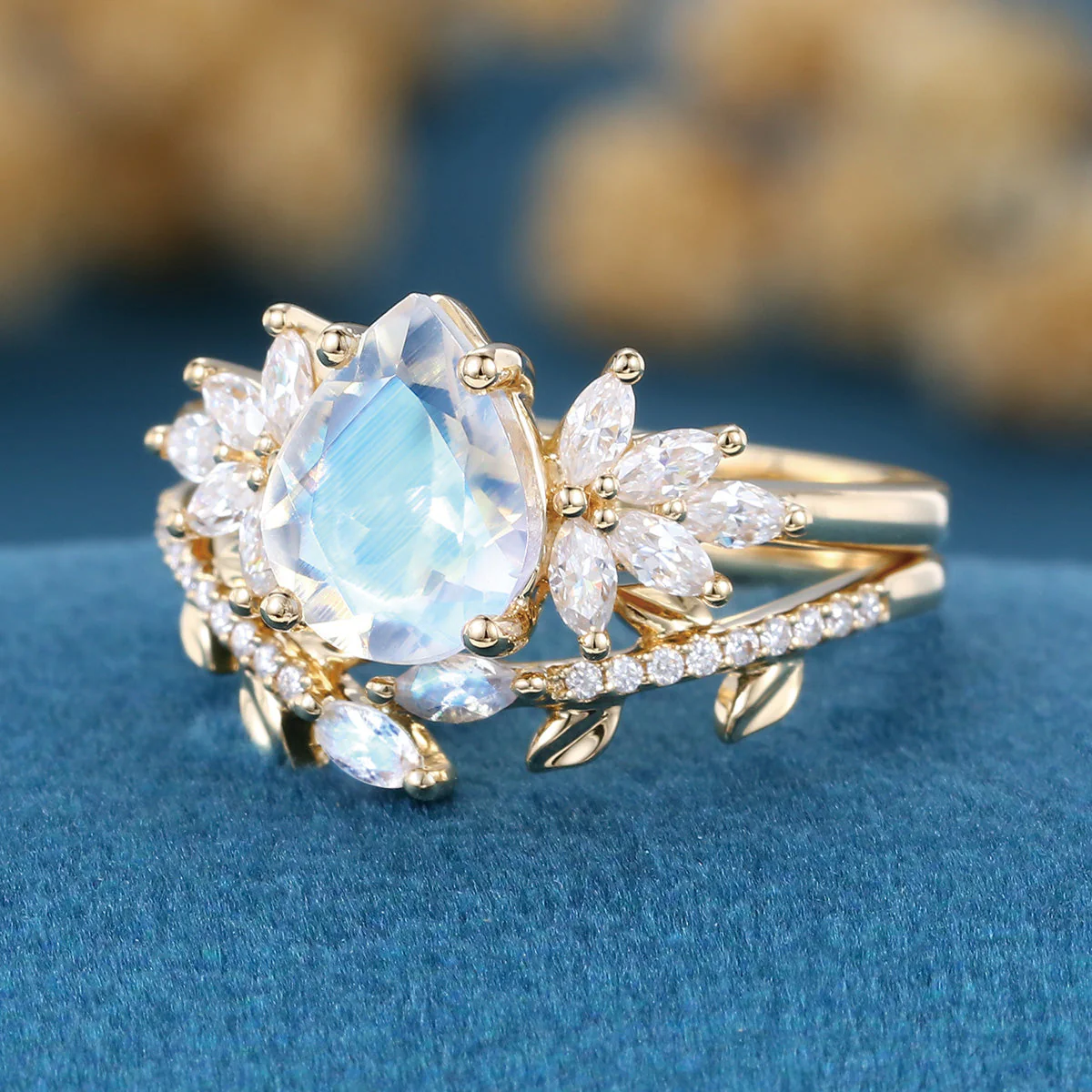 Pear cut Moonstone | Moissanite Cluster Wedding Bridal Set - Image 6