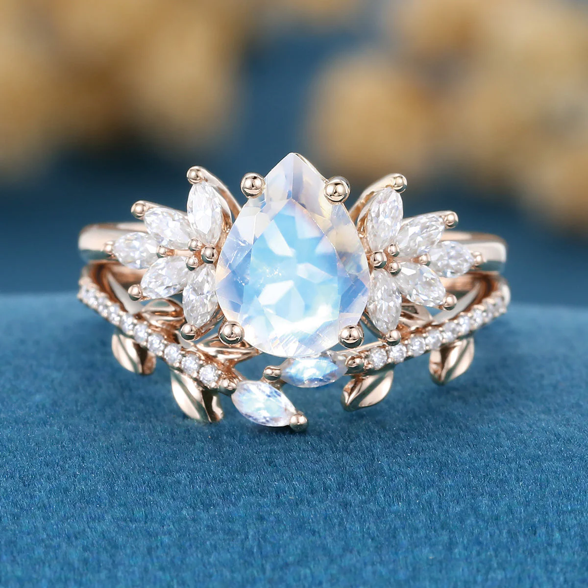 Pear cut Moonstone | Moissanite Cluster Wedding Bridal Set - Image 8