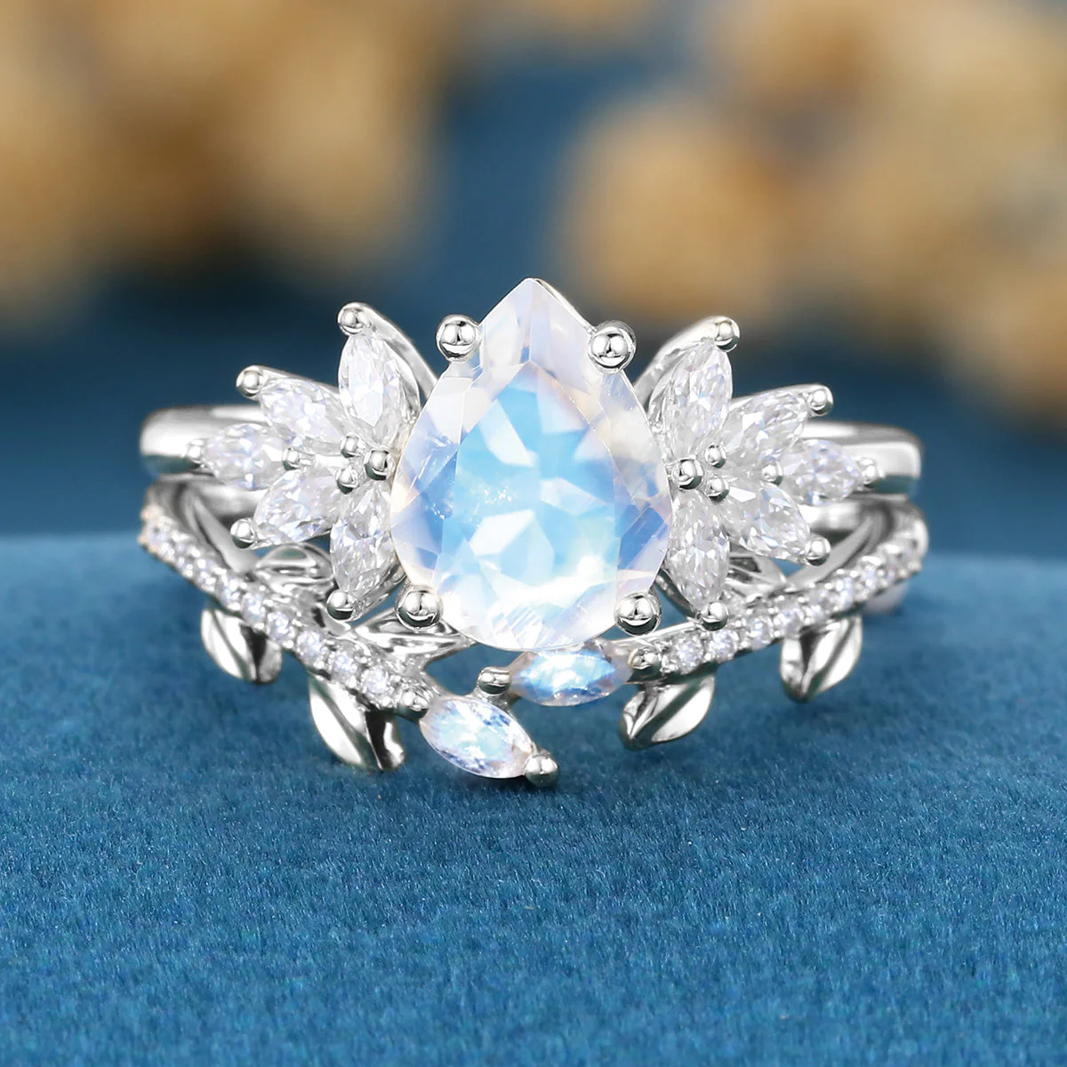 Pear cut Moonstone | Moissanite Cluster Wedding Bridal Set - Image 9