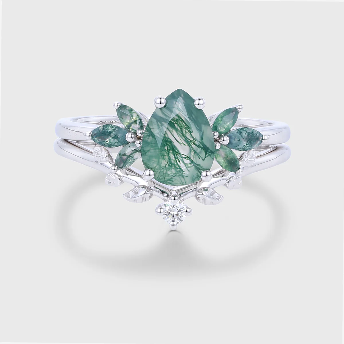 Pear Cut Moss Agate Matching Moissanite | Diamonds Gold Bridal Set