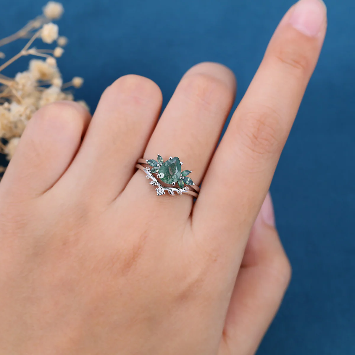 Pear Cut Moss Agate Matching Moissanite | Diamonds Gold Bridal Set - Image 2