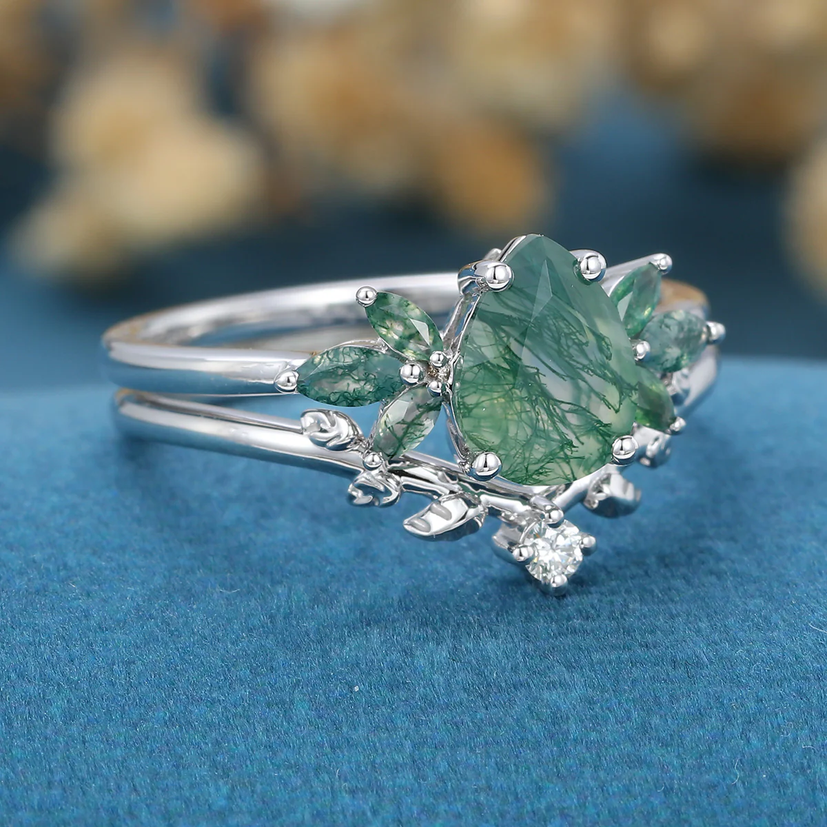 Pear Cut Moss Agate Matching Moissanite | Diamonds Gold Bridal Set - Image 3