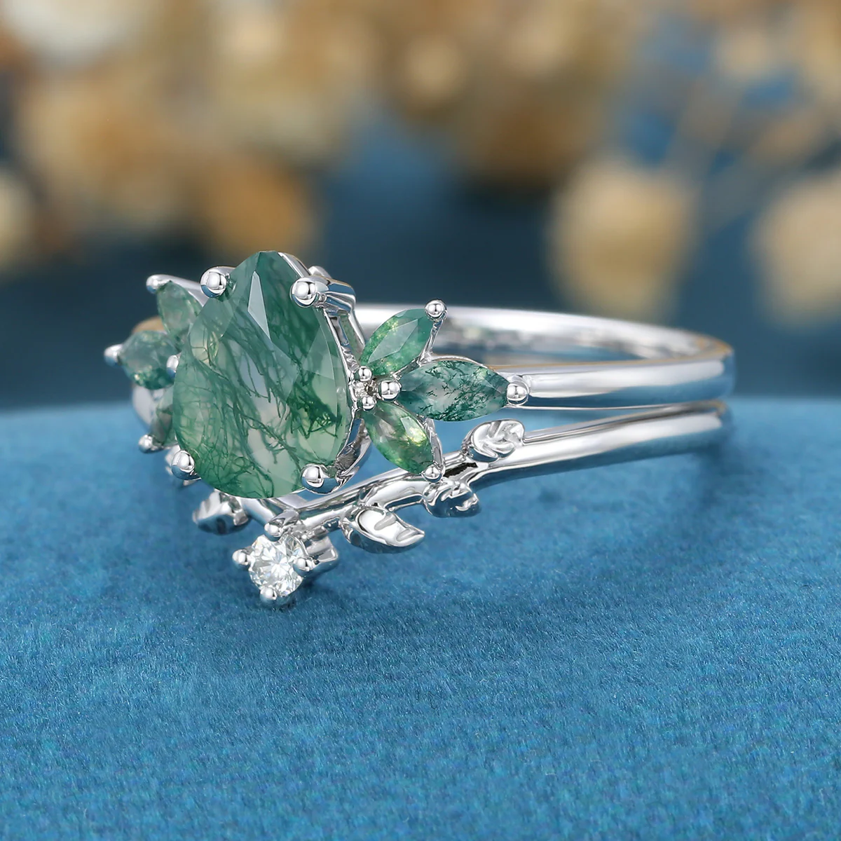 Pear Cut Moss Agate Matching Moissanite | Diamonds Gold Bridal Set - Image 4