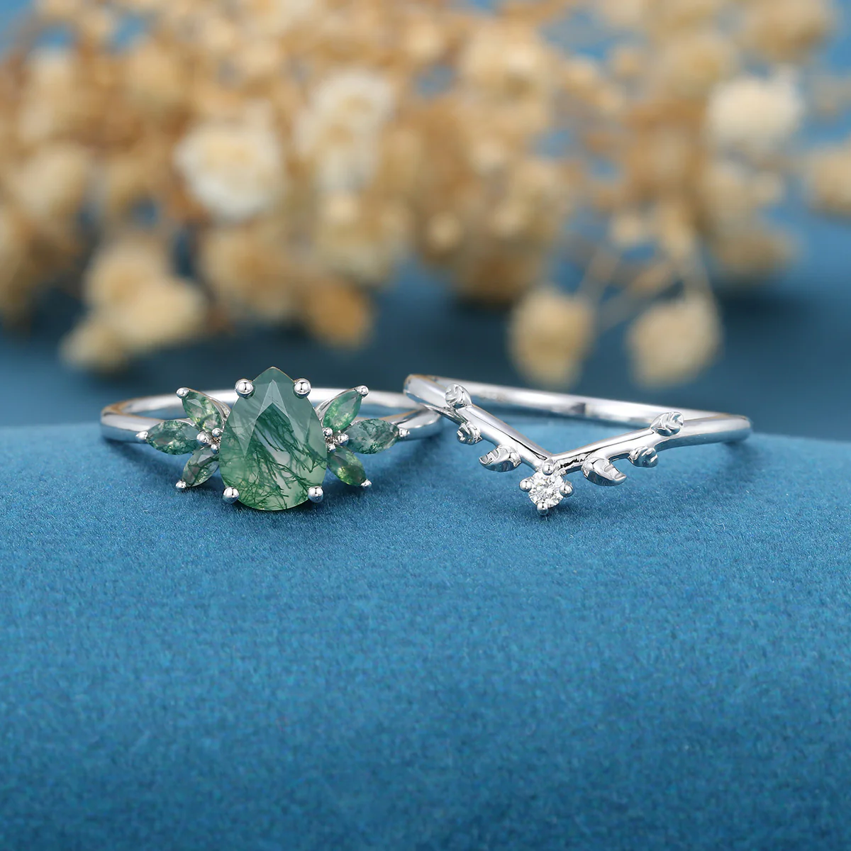 Pear Cut Moss Agate Matching Moissanite | Diamonds Gold Bridal Set - Image 5