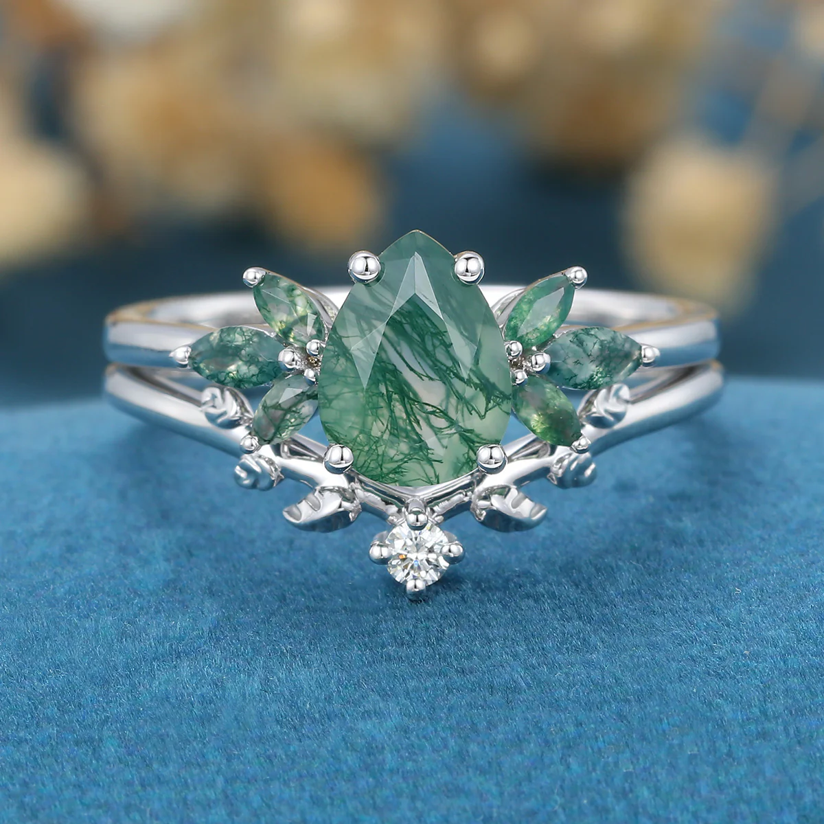 Pear Cut Moss Agate Matching Moissanite | Diamonds Gold Bridal Set - Image 6