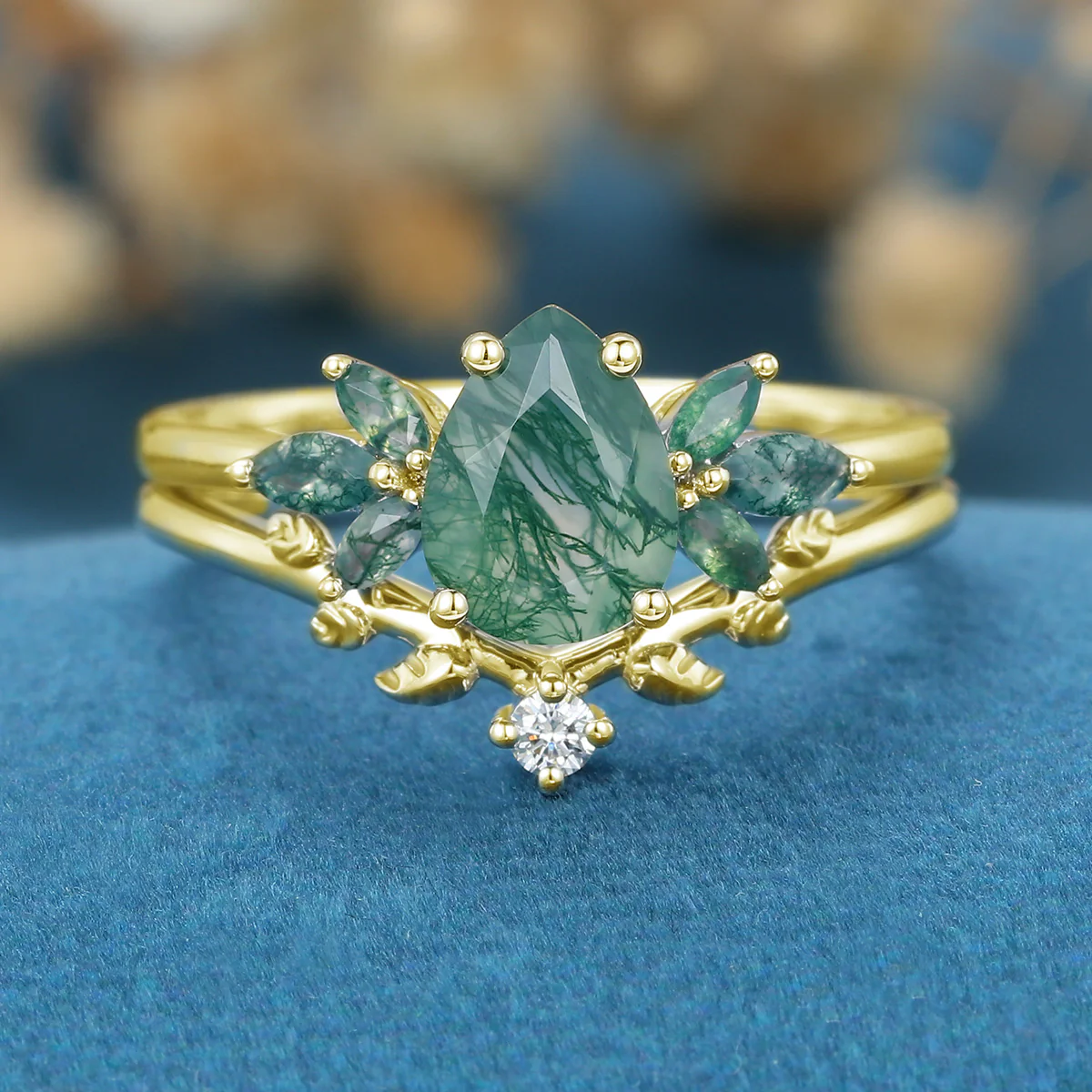 Pear Cut Moss Agate Matching Moissanite | Diamonds Gold Bridal Set - Image 7