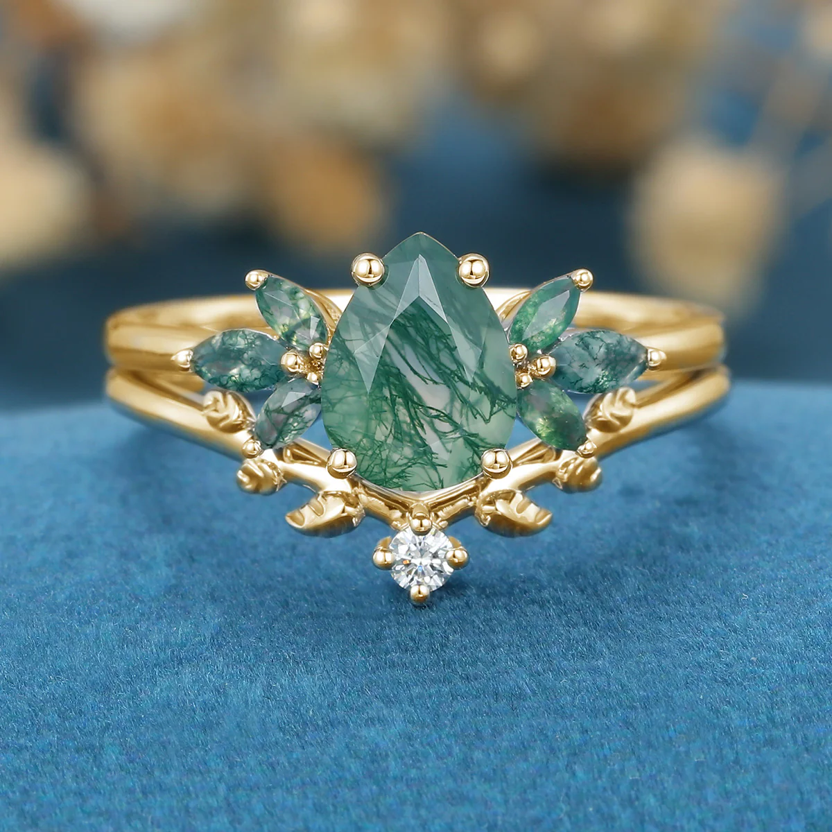 Pear Cut Moss Agate Matching Moissanite | Diamonds Gold Bridal Set - Image 8