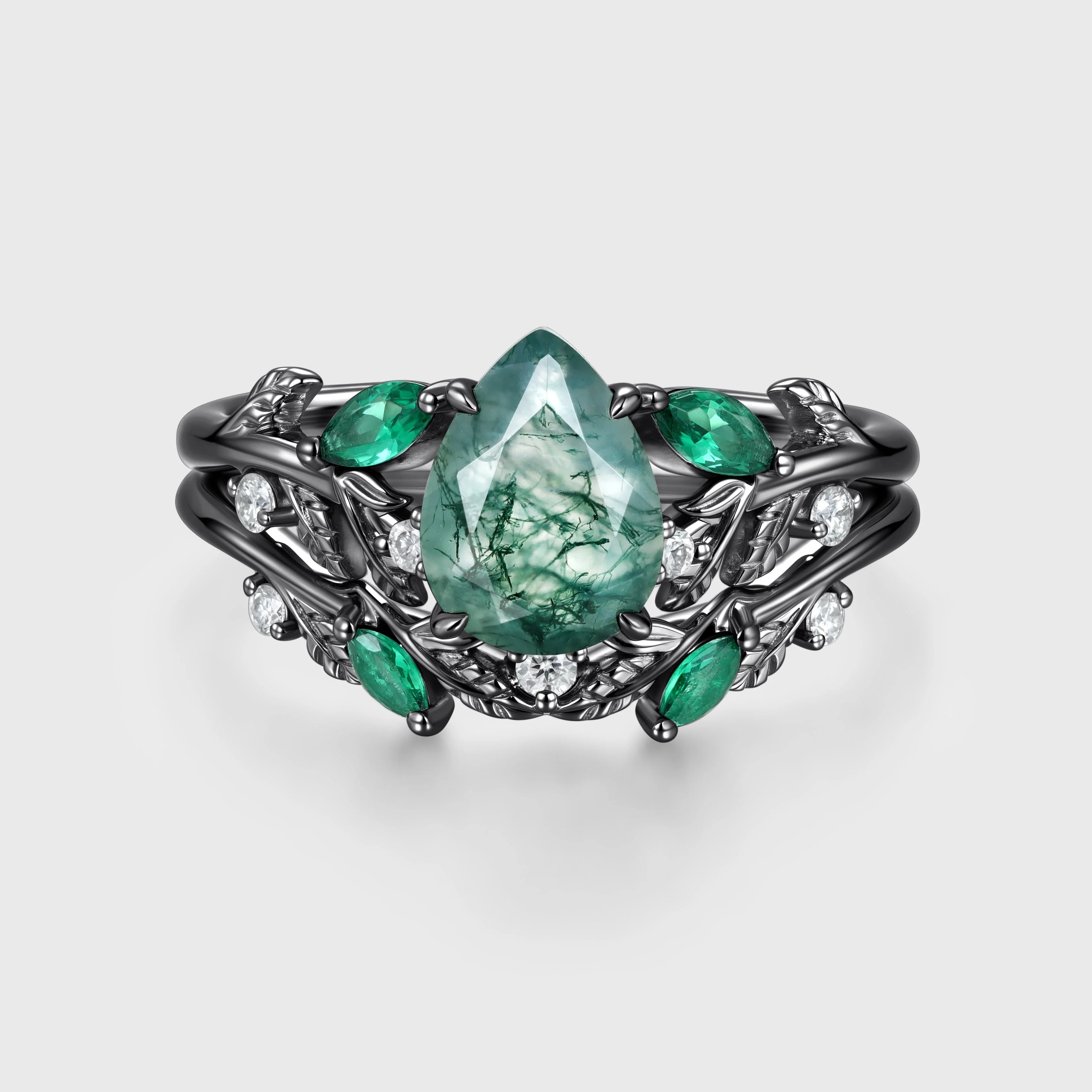 Pear cut Moss Agate Engagement ring + Lab Emerald Curved Wedding bridal set - Image 4