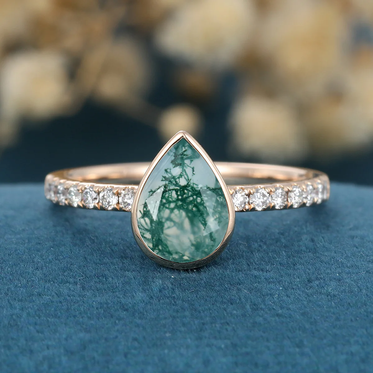 Bezel Set Pear cut Moss Agate Half Eternity Gold Engagement Ring - Image 3