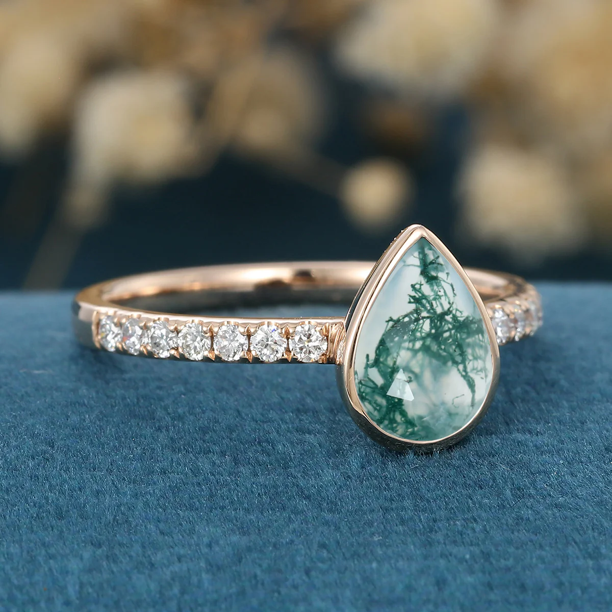 Bezel Set Pear cut Moss Agate Half Eternity Gold Engagement Ring - Image 4